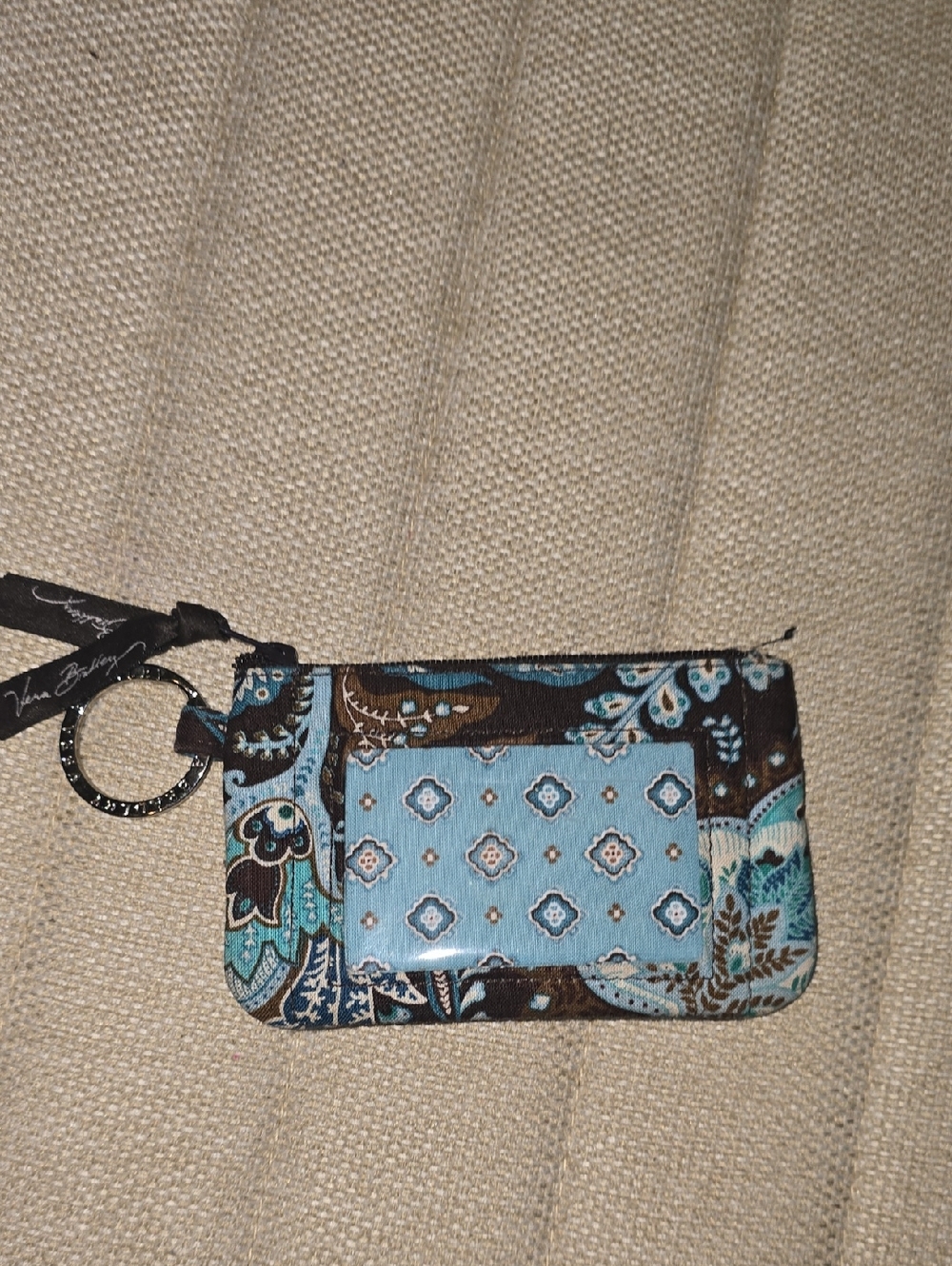 Vera Bradley Blue Paisley Quilted ID Wristlet with Brown Accents